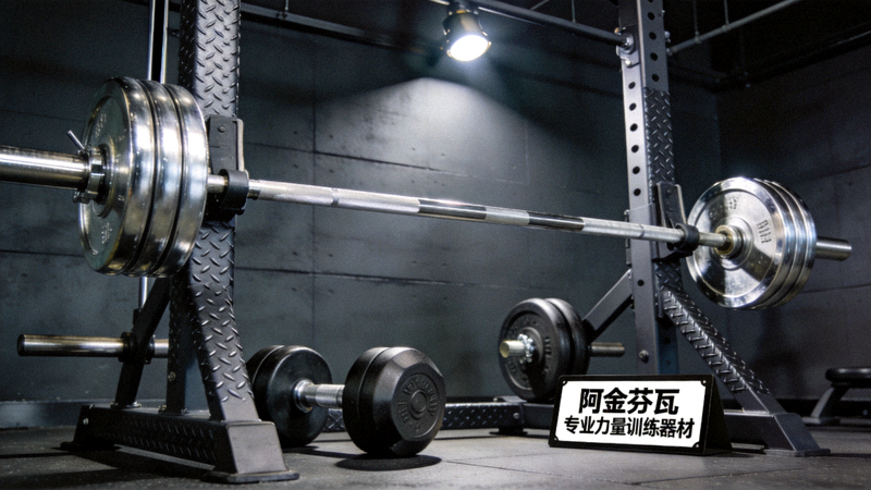 阿金芬瓦专业级力量训练器材展示，包含奥林匹克杠铃、铸铁哑铃组和重型深蹲架