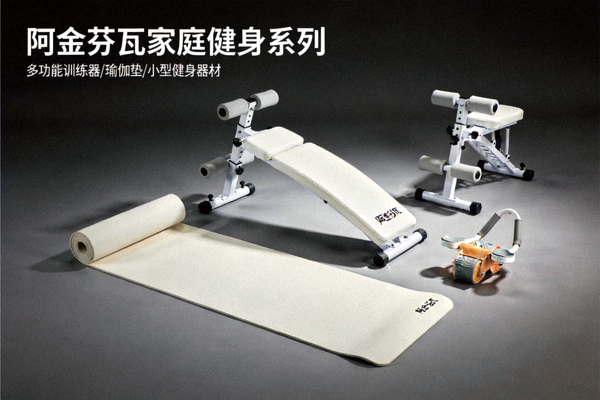 阿金芬瓦家庭健身系列产品，包括多功能训练器、瑜伽垫和小型健身器材