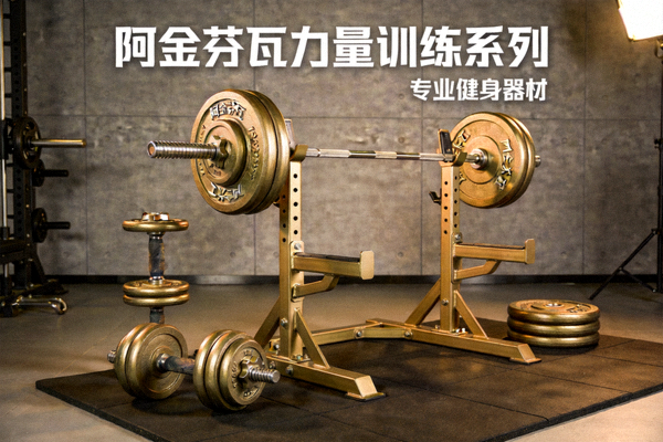 阿金芬瓦力量训练系列产品，包括杠铃、哑铃和深蹲架等专业器材