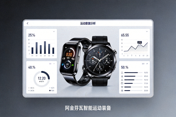 阿金芬瓦智能运动装备系列产品，包括智能手环、运动手表和数据分析软件界面